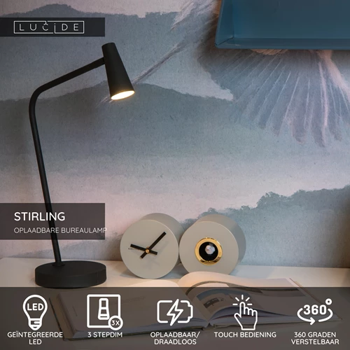 Lucide STIRLING - Oplaadbare Bureaulamp - Accu/Batterij - LED 3 StepDim - 1x3W 2700K - Zwart - USP